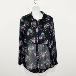 LC Lauren Conrad Women's Size S Floral 1/2 Sheer Long Sleeved button up Blouse